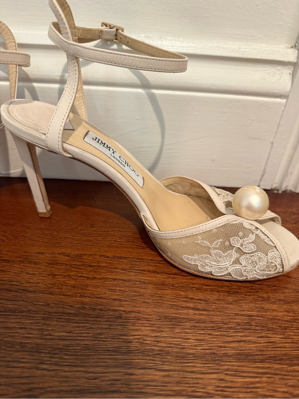 Jimmy Choo Sacora 85 MM Ivory Lace Peep-Toe Ankle Strap Heels with Pearl - Picture 4 of 16